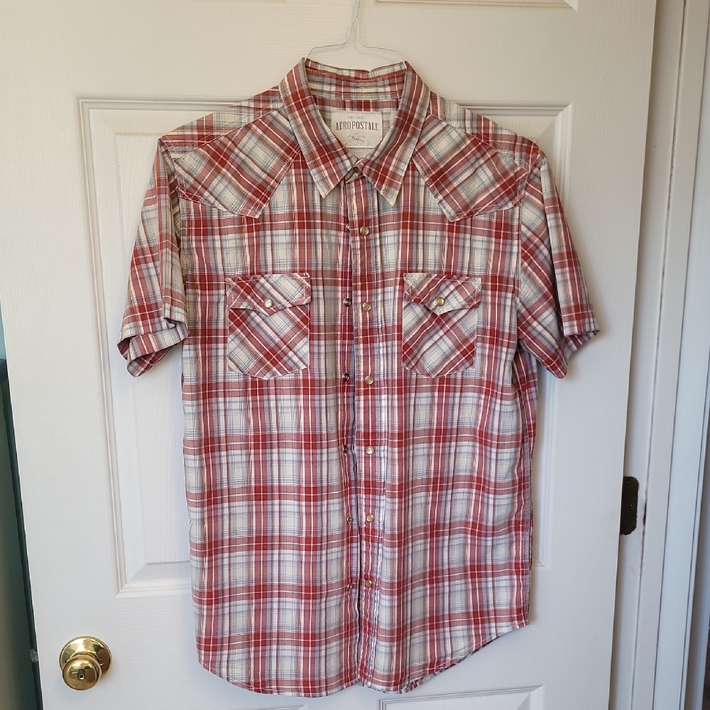 Aeropostale Red and White Plaid Men's Shirt